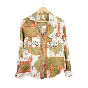 Raga Britta Paisley Button Down Roll Tab Button Down Longsleeve Shirt Size Small